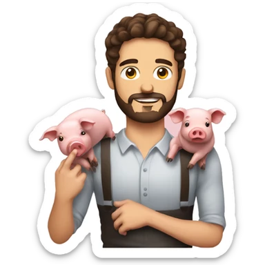 Brunette man with beard holding a pig and has a lot of bacon around  sticker