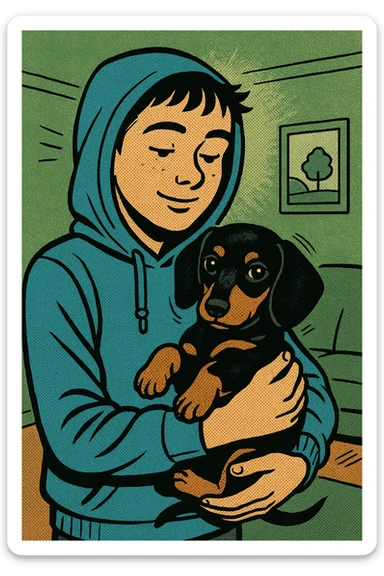 A modern day teenager wearing a blue hoodie with a black and tan puppy dachshund in a green living room sticker