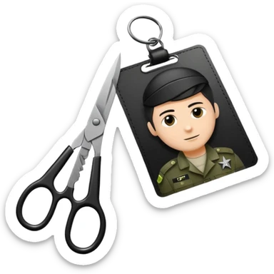 black Scissors cutting an idf soldier ID card in 2 parts .hyper realistic sticker