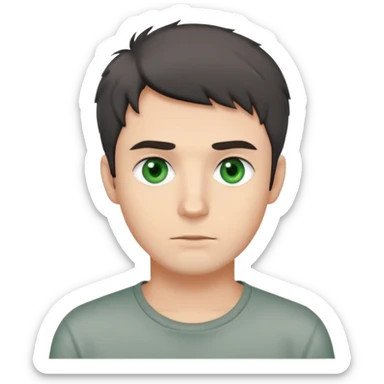 man with dark messy short hair, dark green eyes, wearing a gray t-shirt sticker