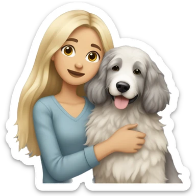 Girl blond long straight hair cuddling with mixed grey dog bernedoodle sticker