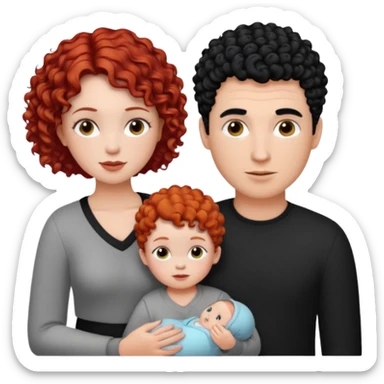 Create a picture of a family of three: a white woman with short, curly red hair, a white man with black hair, and a white baby girl with curly black hair. sticker