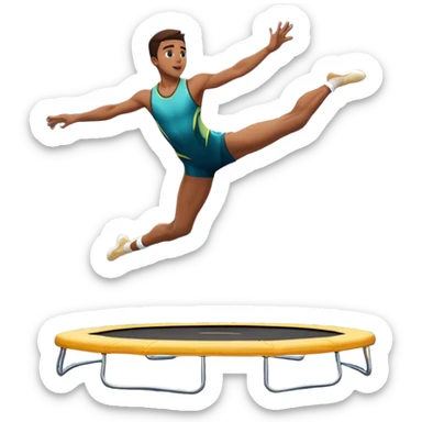 An athletic person soaring high above a trampoline, executing an acrobatic flip with perfect form. The scene captures motion and energy, with a dynamic pose, stretched limbs, and a focused expression. The background suggests a professional trampoline arena with safety padding. sticker