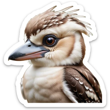 Cinematic Cute Kookaburra Portrait Emoji, Head tilted playfully and inquisitively, featuring a glossy brown plumage with subtle cream accents and a perky, expressive beak, round, sparkling eyes filled with curious mirth, Simplified yet irresistibly adorable features, highly detailed, glowing with a warm, friendly glow, high shine, affectionate and spirited, stylized with a touch of bushland whimsy, bright and endearing, soft glowing outline, capturing the essence of a mischievous yet loving kookaburra, so playful it feels like it could chuckle out of the screen into your arms! sticker