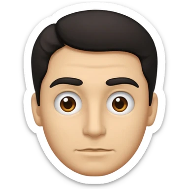 emoji a medio cuerpo hasta la cintura, hombros anchos, de un hombre, con cejas gruesas inclinadas hacia abajo, nariz medio grande, hombros anchos, sin sonrisa, hombros anchos, cabello ondulado con un corte adolecente, cabello negro. ojos negros. sticker
