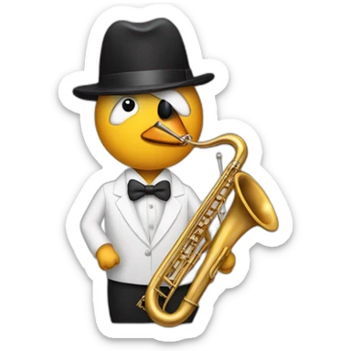 a jazz musician with a penguin head plaing the trombone sticker