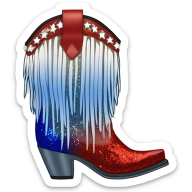 Realistic red, white, and blue ombre pair of fashion cowgirl boots with sparkly shiny glitter fringe on them. sticker