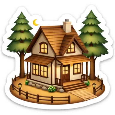 A cozy small house with warm lights coming from the windows, wooden details, surrounded by trees, peaceful atmosphere, soft lighting, charming and realistic
 sticker