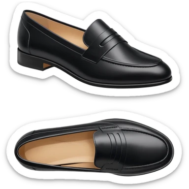 Aesthetic black loafers emoji, soft pastel minimal illustration, smooth shiny leather, delicate highlights, simple cute proportions, fashion sticker style, clean white background, soft shadow, minimal luxury vibe, high resolution, centered, sticker