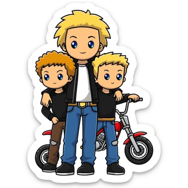 A super tall kid about 8/2 with blue eyes and blond hair baggy jeans with a moto shirt for the tall guy standing next to a 2,1 on a dirt bike with brown fluffy hair and green eyes and a black moto shirt they should be sanding next to each other sticker