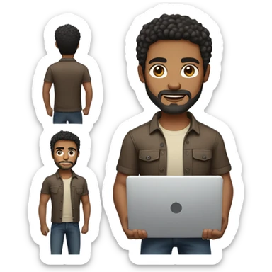 men holding his computer in hands. light brown skin men with curly black hair, dark brown eyes, little grown beard. little bit muscular. dressed casual. round face. sticker