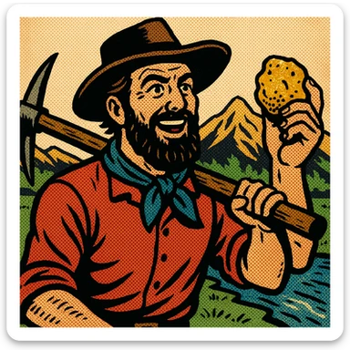 A male gold prospector in the 1840s in California holding up a nugget of gold and carrying a pickaxe.  In the background are mountains and a stream. sticker