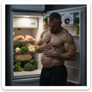 hyperrealistic 4K image of a man in gym clothes clutching his bloated stomach with an expression of discomfort, standing next to a bathroom scale showing '75kg', gym and kitchen atmosphere, open fridge in the background full of chicken, rice, and broccoli sticker