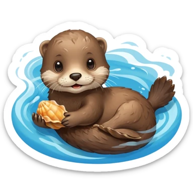 adorable otter floating on clearly visible blue water with waves, holding a shell sticker