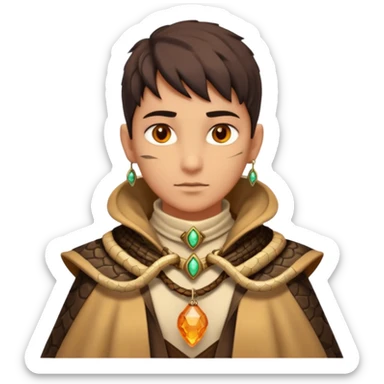 desert sand mage portrait, head and shoulders only, serpent-patterned cloak collar, snake charm necklace, sand vortex around shoulders, glowing amber eyes, 3D cartoon, mobile game icon style, clean background, no text, no watermark
 sticker