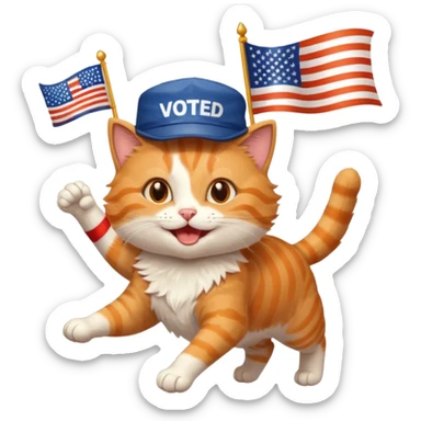 happy cat running for president with an "i voted" sticker and an american flag hat sticker