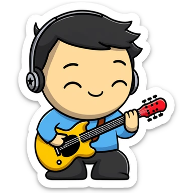 Musician's head and shoulders only, confident facial expression with half-closed eyes, subtle knowing smile, rockstar appearance, contemplating future success, no instruments sticker