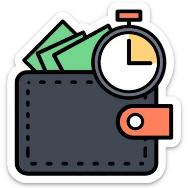 black wallet with dollars visible inside and a small clock in top right corner positioned over the wallet sticker