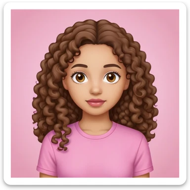 lightskin girl with long curly brown hair with brown eyes and a pink shirt sticker