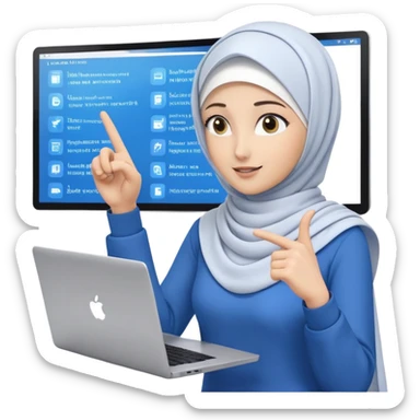 computer engineer with white hijab wearing blue outfit, pointing and gesturing at specific code elements and features on the large digital screen behind her, laptop in front of her, explaining particular parts of her metaverse creation in detail sticker