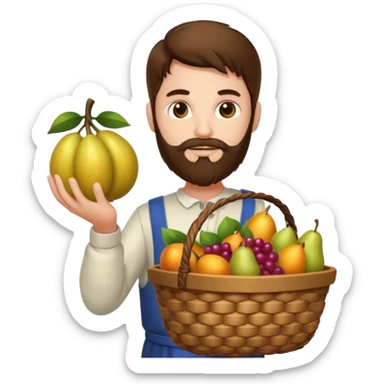 full body man long brown hair brown eyes medium beard white skin holding basket of strange glowing fruits sticker