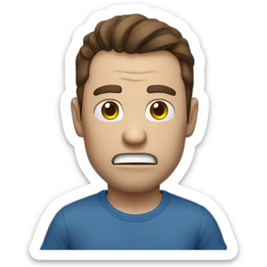 Angry man pointing towards you, blue t-shirt, brown hair, white skin sticker