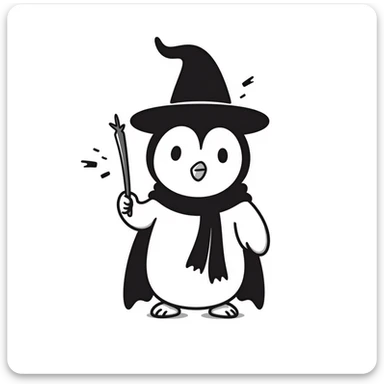 A whimsical, hand-drawn penguin wizard with a pointy hat and a magic wand sticker