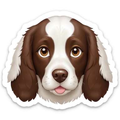 Cinematic Cute Springer Spaniel Portrait Emoji, Head tilted playfully and inquisitively, featuring a vibrant Fur of liver and white with a natural sheen, round, sparkling brown eyes filled with curiosity, Simplified yet irresistibly adorable features, highly detailed, glowing with a warm, friendly glow, high shine, affectionate and lively, stylized with a touch of whimsy, bright and endearing, soft glowing outline, capturing the essence of a mischievous yet loving pup, so playful it feels like it could frolic out of the screen and into your arms! sticker