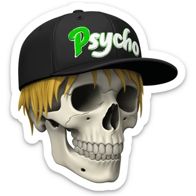 Create a skeleton head wearing a black baseball cap that says " Psycho " in Green, and white lettering, with dirty blonde hair sticker