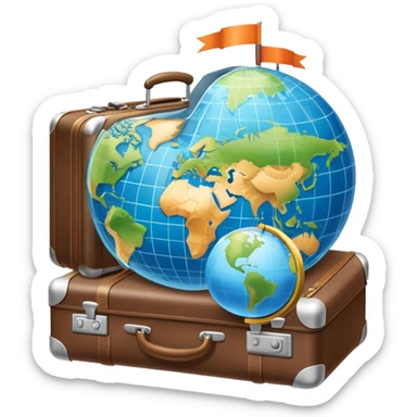 An icon featuring a suitcase, 1 globe, and a hotel building, symbolizing tourism and hospitality studies. The design includes a map and compass, representing travel research and industry analysis. Transparent background sticker
