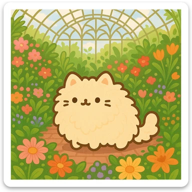 pusheen-style fluffy blonde kitten in a botanical garden greenhouse filled with flowers sticker