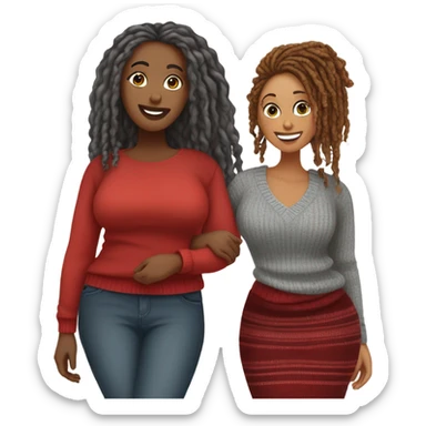 1st Curvy woman gray locs wearing pants , 2nd curvy woman is brown with red locs in a knee-length dress with a cozy sweater shopping sticker
