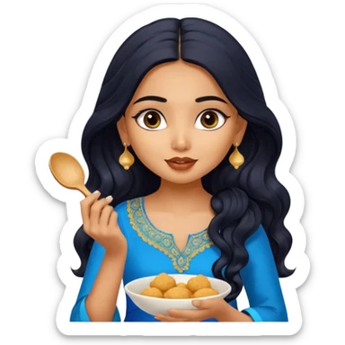a pretty tan indian bratz girl with wavy long BLACK hair. eyeliner on, wearing a blue kurti, eating golgappa (without spoon) sticker