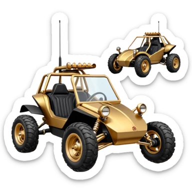 American southWest tarnished neon underglow C-3PO bounty hunter 1964 delicately ornate rosegold wood accents painted dune buggy buckboard powered by electric motors and batteries with safety and belts flying rapidly roughening terrain stable on strong agile advanced suspension and steering sticker