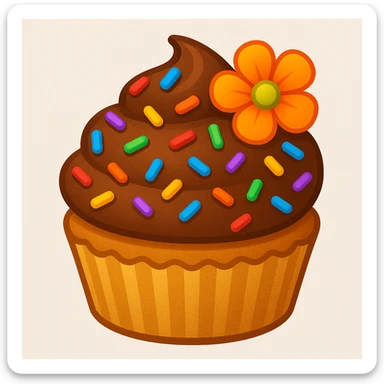 Add colorful confetti sprinkles and a small edible flower to the cupcake with brown (chocolate) frosting and rainbow sprinkles in emoji style. sticker
