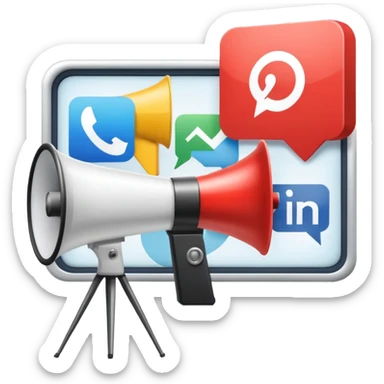 An icon featuring a megaphone, a billboard, and social media icons, symbolizing advertising and public relations. The design includes a press release and a rising graph, representing brand promotion and communication strategies. Transparent background highlights media influence and outreach. sticker