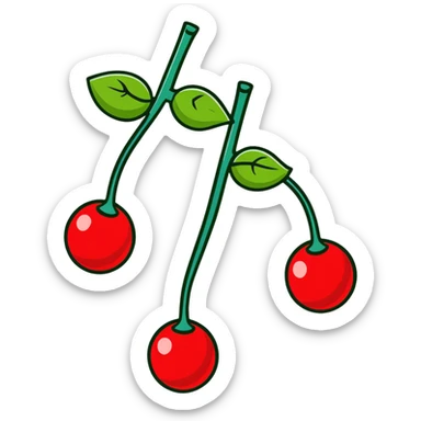 Bunch of three red cherries with stems and green leaves sticker