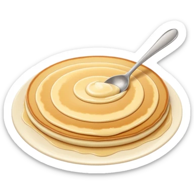 pancake batter smooth pale beige gentle swirl puddle soft ridges glossy surface thick yet fluid ready to cook no pan spoon toppings soft lighting emoji scale sticker