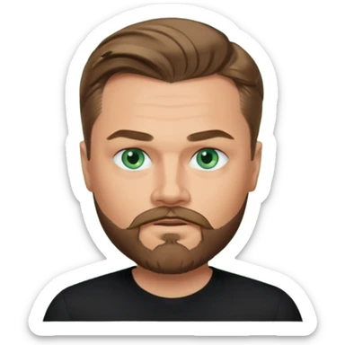 a good looking like leonardo di caprio blue eyes, beard, mustache, a black shirt, green eyes sticker