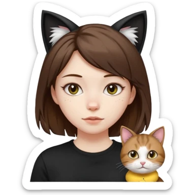 a girl with pale skin, medium length brown hair with lots of dandruff , cat ears and a tail, with a black t-shirt on sticker