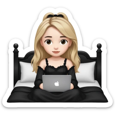 Sabrina carpenter in a black nightdress sitting on a bed with her laptop open  sticker