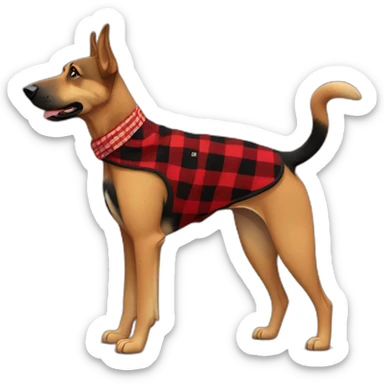 75% Coonhound 25% German Shepherd mix dog wearing small pointed red buffalo plaid bandana pointing down side view full body facing left sticker
