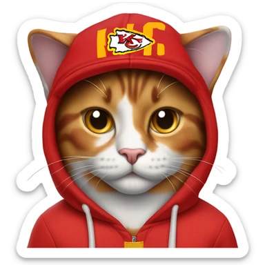 Calico cat wearing KC chiefs hoodie and chiefs ball cap sticker