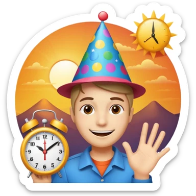 party face, alarm clock, sunset sticker