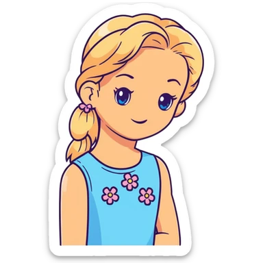 preppy coastal teen girl with blue eyes, beach blonde hair, tan skin, small flowers in her ear, preppy beach outfit sticker