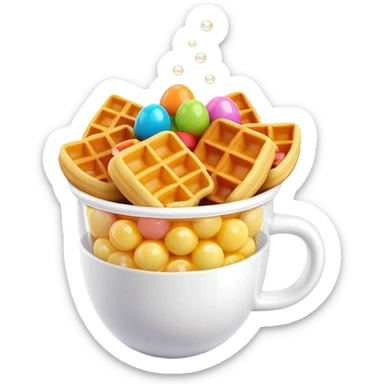 3D rendered mini Hong Kong egg waffles in a cup with colorful toppings, hyper-realistic bubbled texture, vibrant colors, glossy finish, detailed bubble pattern, playful presentation sticker
