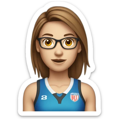 single caucasian female netballer with brown hair, glasses, skirt and ball sticker