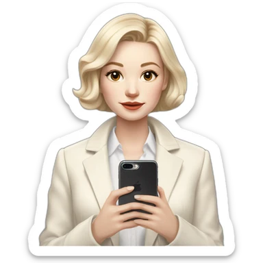 pale skin woman with ash blonde Straightened bob Hair, White Spacious classical jacket, beige palazzo Arrow pants and gray blouse holding IPhone 15 pro in the hands sticker