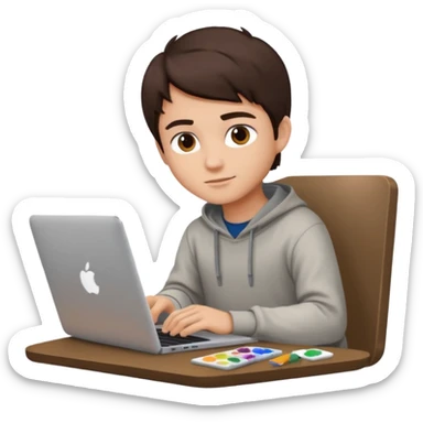 boy working in Macbook, he is graphic designer and paint artist, he seat front side and hair dark brown color sticker