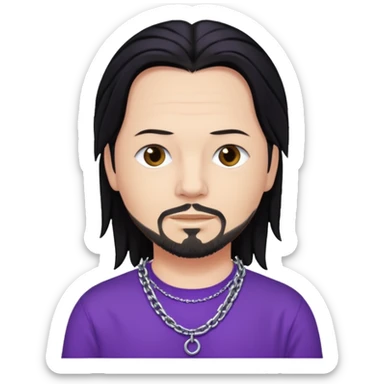 Jonathan Davis with black hair, purple shirt sticker